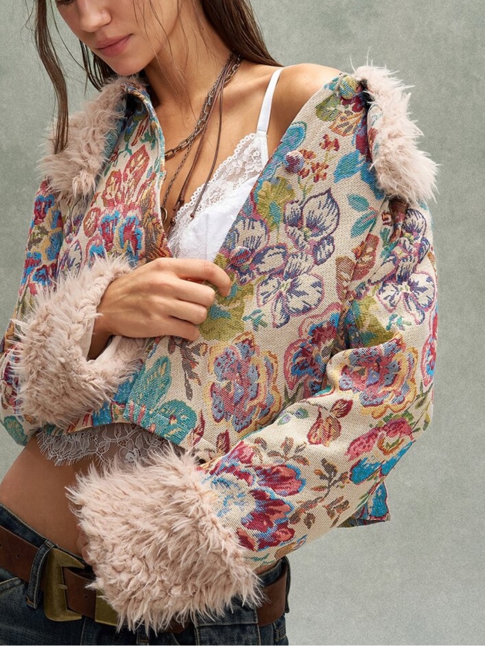 Beige Fuzzy Trim Crop Coat Going Out Winter Elegant